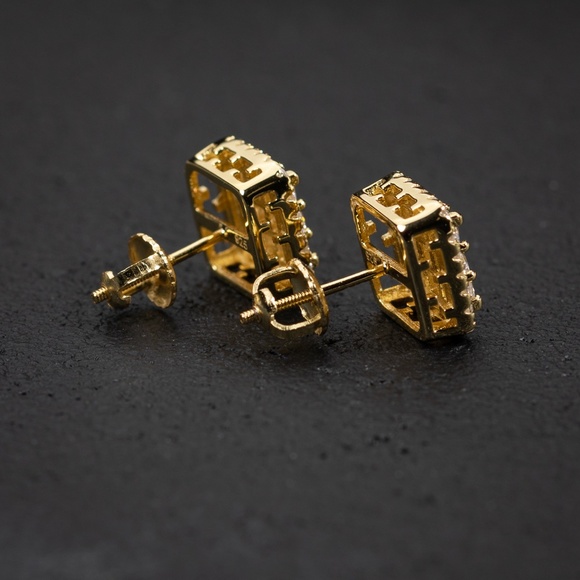 Mens 14K Gold Sterling Silver Screw Back 3D Square Princess Cut Stud Earrings - Picture 3 of 5